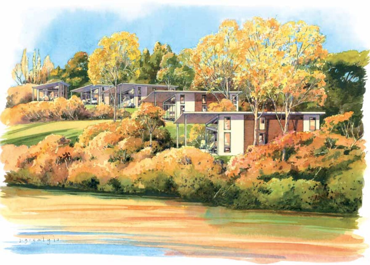 Watercolour illustration of Modtruss homes on a hillside among autumn trees above a river